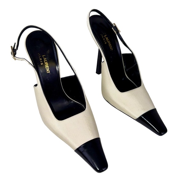 SAINT LAURENT INES SLINGBACK PUMPS IN WHITE SATIN AND BLACK LEATHER - Picture 1 of 7